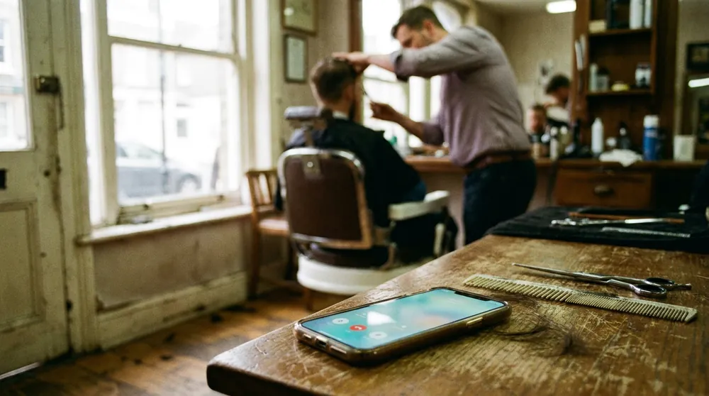 Zvonící telefon na pultu v kadeřnictví, kadeřník v pozadí stříhá klienta