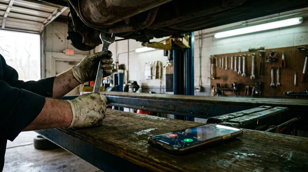 Automechanik v dílně a na stole zvonící telefon, který nemůže zvednout